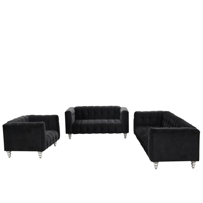 Ensemble de canapé luxueux 3 pièces avec revêtement moelleux et design élégant pour le salon, Noir, noir, noir, noir