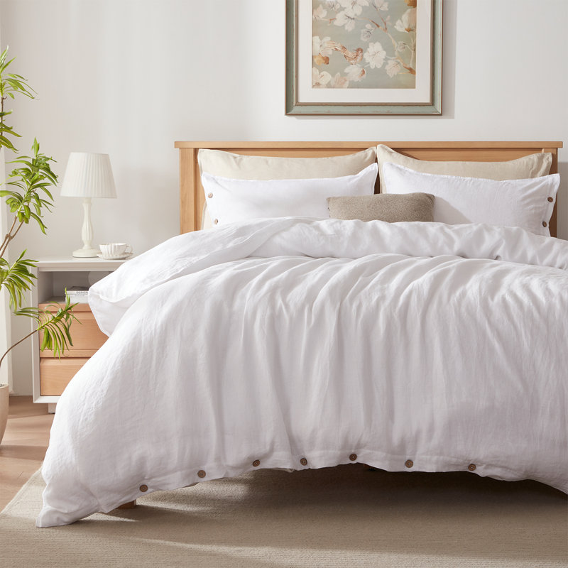 TOSMO 100% Linen Duvet Cover Set with Button Closure,Soft Breathable Durable Farmhouse Bedding, White