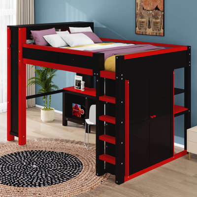 Lit mezzanine en bois avec garde-robe et bureau, tête de lit avec rangement et port USB