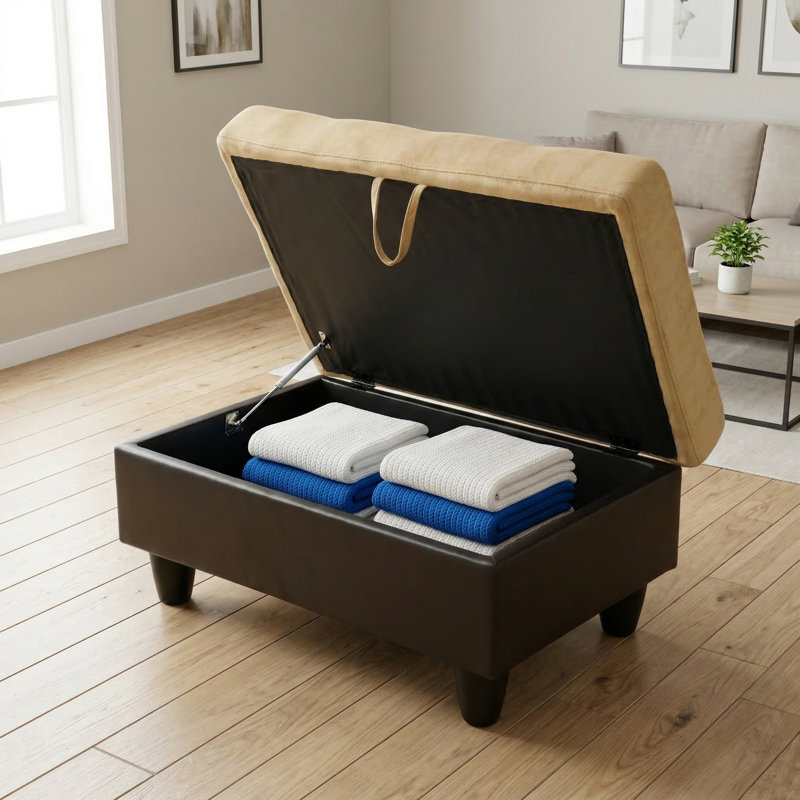 Beige & Brown Storage Ottoman | Flannel + Faux Leather | X-stitching | Solid Wood Frame