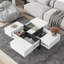 Table basse de conception unique avec 4 compartiments de rangement cachés, table de cocktail carrée avec plateau coulissant extensible, table centrale ultrabrillante pour le salon