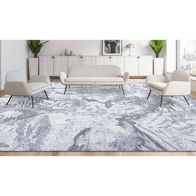 Tapis blanc et gris noué à la main de haute qualité, Rectangle 4pi x 6 pi