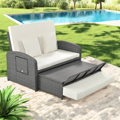 PE Wicker Rattan Double Chaise Lounge, 2-Person Reclining Daybed With Adjustable Back And Cushions, Free Furniture Protection Cover