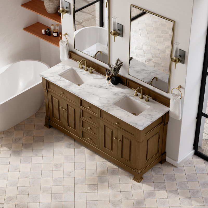 Brookfield 72'' W Double Vanity, Carrara White, Honey Oak