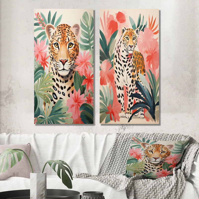 Léopard vert et rose dans la jungle I - ensemble de 2 impressions sur toile léopard, Toile tendue, H 32 po x l 33 po
