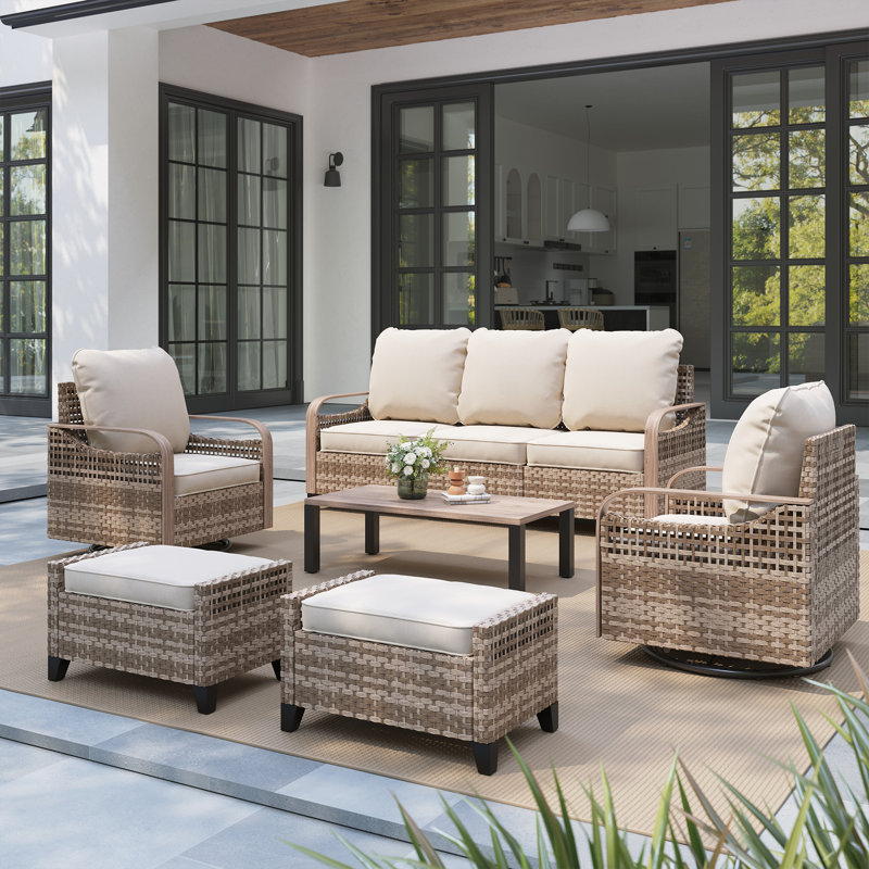 6-Piece Outdoor Patio Conversation Set, 3-Seater Sofa, 2 360° Swivel Rocking Armchairs, 2 Ottomans & Adjustable Coffee Table, Steel Frame with Wood-Grain Heat Transfer, Olefin Cushions for Patio, Backyard, Porch & Poolside