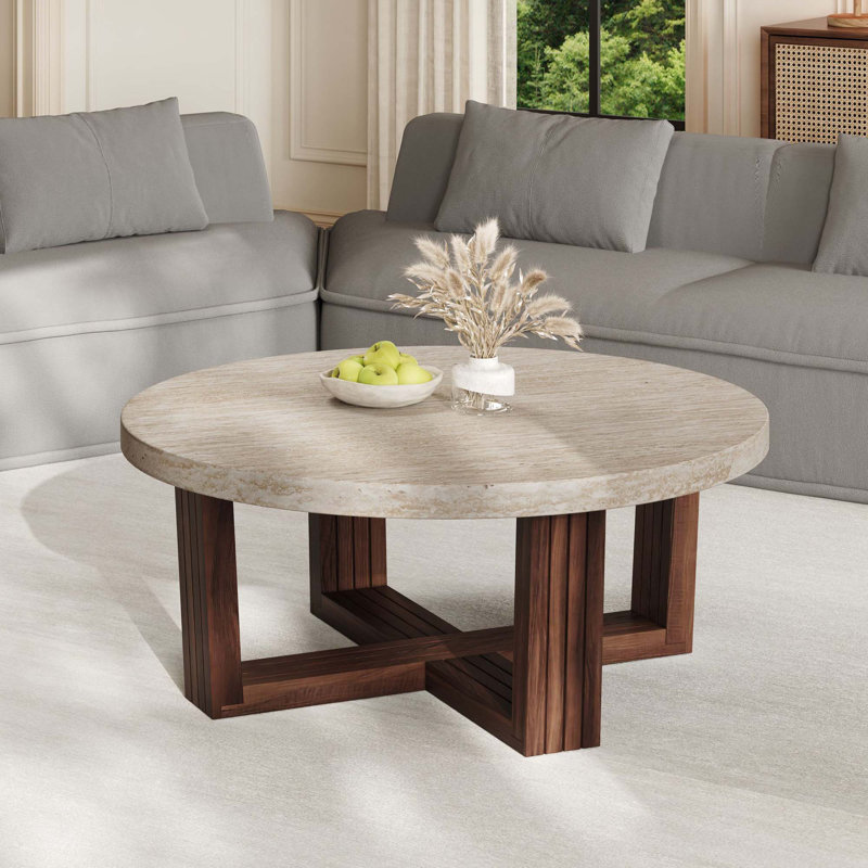 Table basse ronde moderne avec plateau en marbre et base en croix pour le salon
