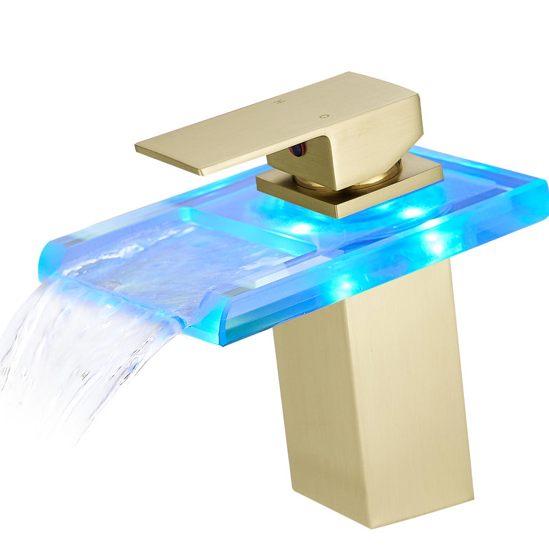 Deck Mounted Bathroom Faucet, Led 3 Colours , Hot Cold Water Mixer, Waterfall Spout, Single Hole, Brushed Gold Finish Sink Changing, Mounted, Water,