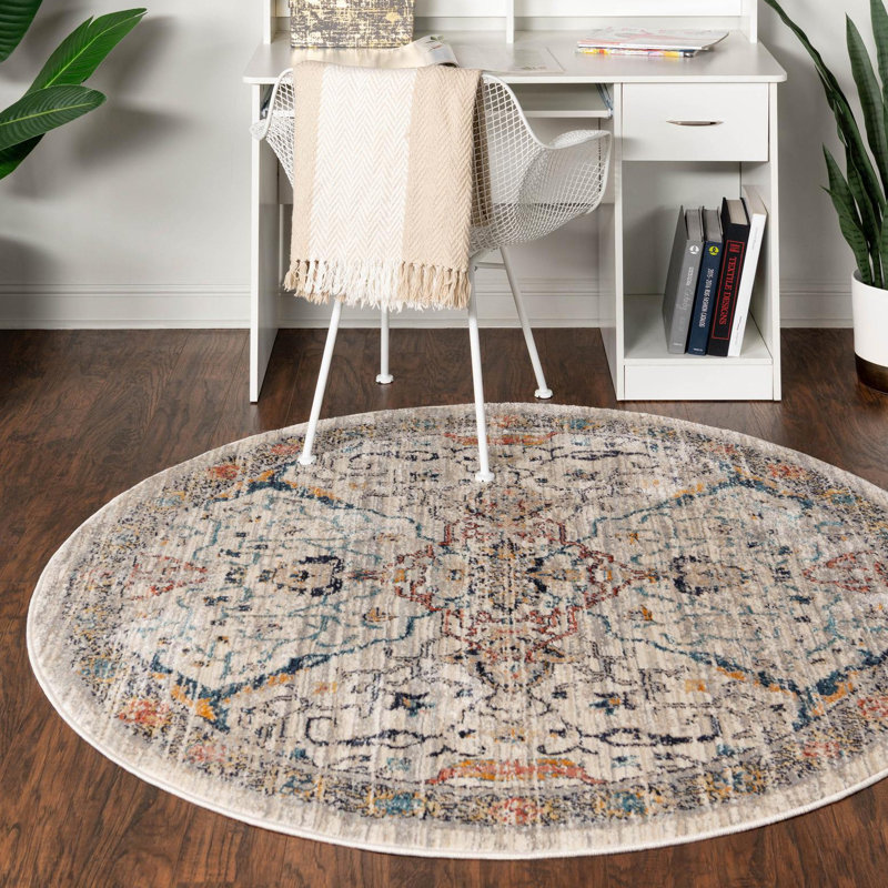 Tapis à motif floral ivoire / bleu marine / jaune / orange Alkire, Rond 3 pi 11 po