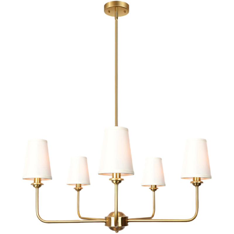 5-Light Gold Chandelier with White Fabric Shades – Adjustable Pendant Lighting for Dining Room, Bedroom & Living Room, gold