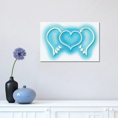Neon Heart Wings Aquaon White 1 Piece Wrapped Canvas Wall Art