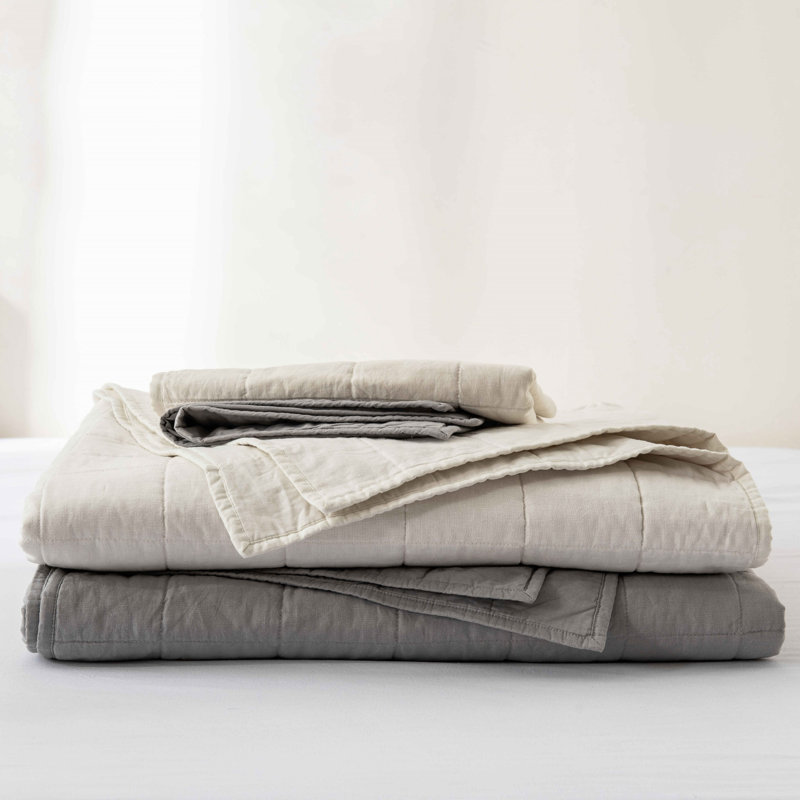 MeadowPark French Linen Blend Quilt Set, Stone Washed Box Stitch, Lightweight 3 Piece Set, OEKO-TEX Certified, Light Gray