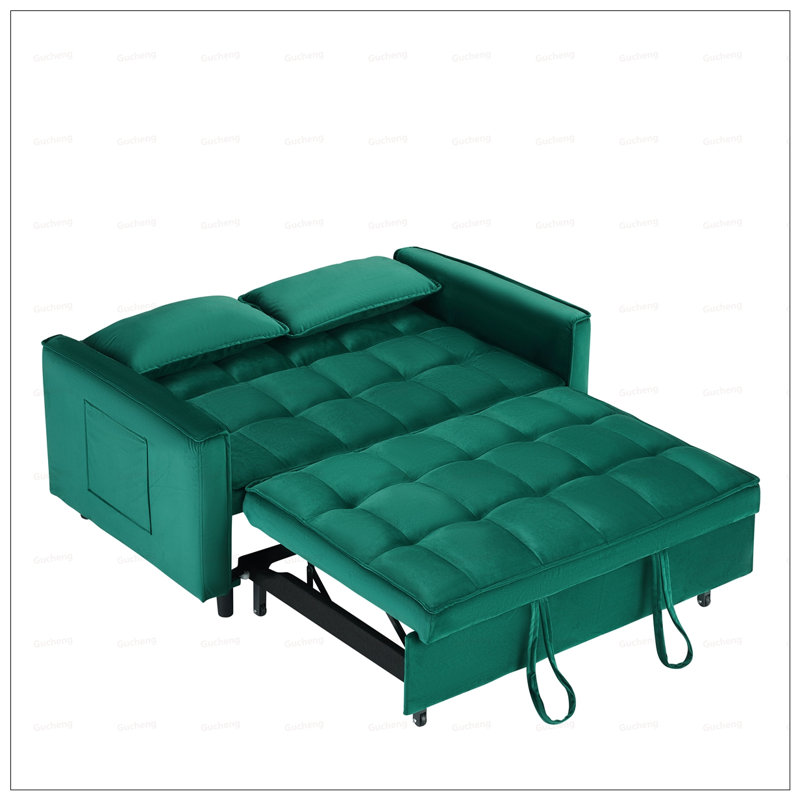 Modern Velvet Loveseat Futon Sofa Couch with Reclining Backrest, Toss Pillows, Pockets, and Convertible Sleeper Function for Living Room