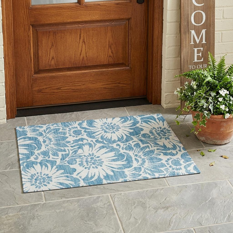 2' X 3' Denim and Ivory Floral Washable Non Skid Indoor Outdoor Area Rug