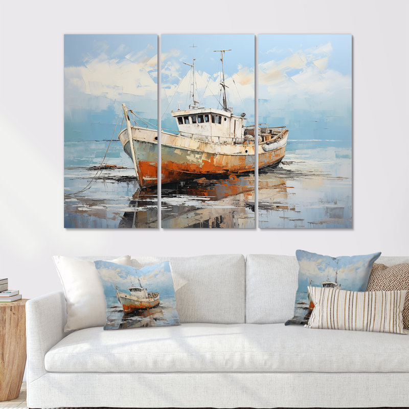 Bateau de pêche au port II - ensemble d'art mural bateau côtier, Toile tendue, H 32 po x l 48 po x P 1 po
