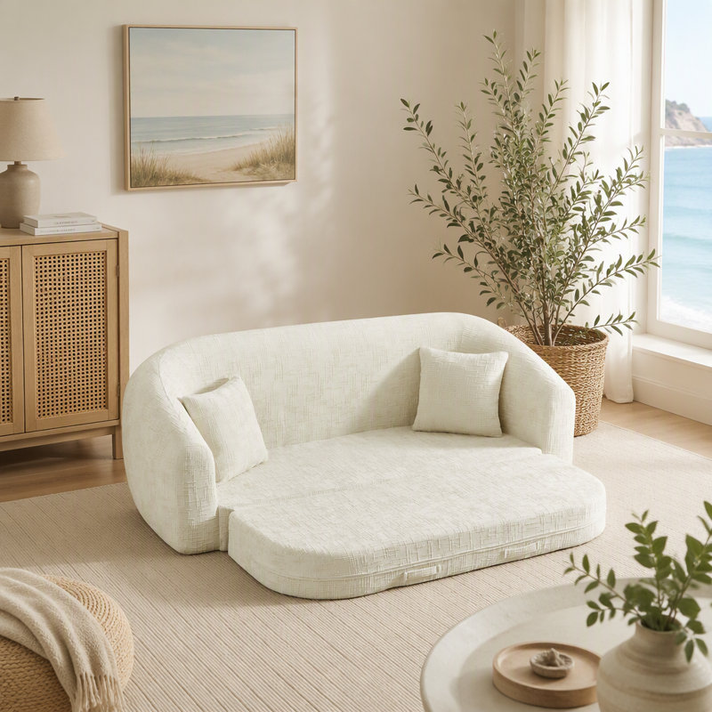 Curved Convertible Recliner Sofa With Deep Seat Comfort, Beige