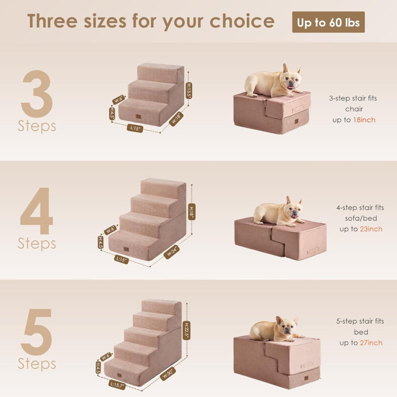 Escalier pour animal 3 marches Emalee, Petit (H 18 po x l 15 po x P 24 po), Rose