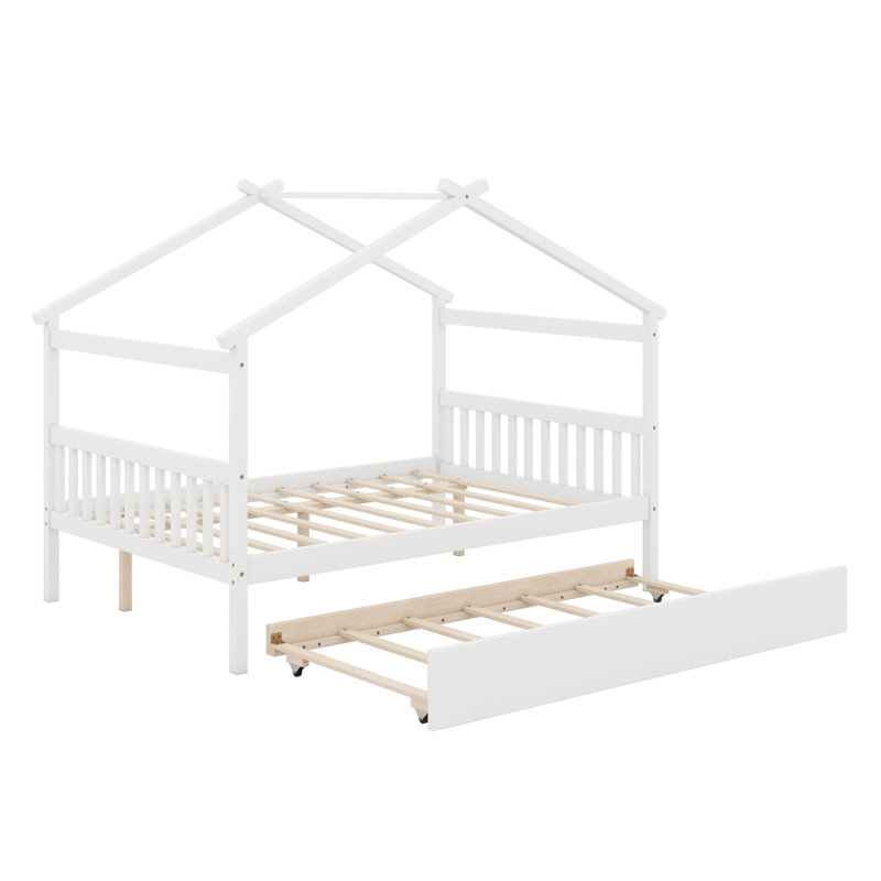 Wooden House Bed With Trundle, White, Twin