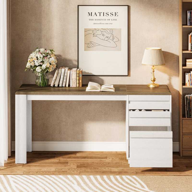 Bureau 55 po avec 3 tiroirs, White and Brown