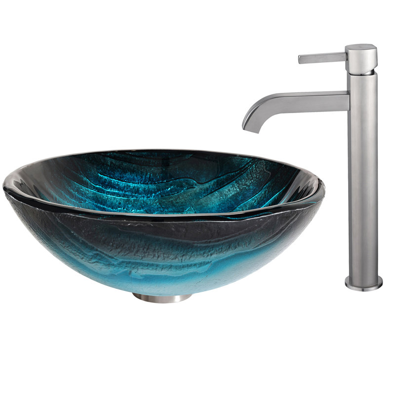 Lavabo de salle de bain vasque circulaire en verre avec robinet Ladon, Nickel satiné