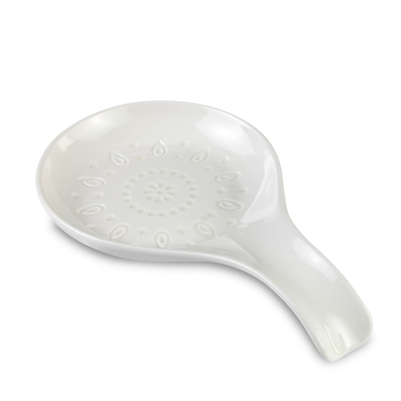 White Stoneware Spoon Rest with Intricate Design, 9.05 in.