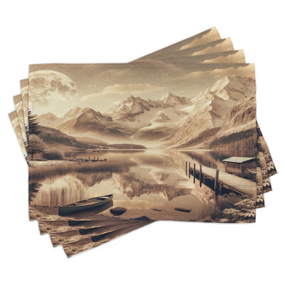 Ambesonne Lake Place Mats Set of 4 Snowy Mountains Sepia Effect Standard Grey Yellow Warm Taupe -  ser_sd1048