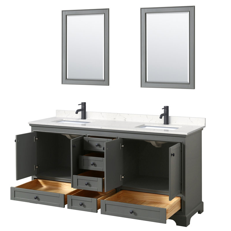 Ensemble de meuble-lavabo double 72 "avec miroir Deborah, Marbre de culture de Carrare, Gris foncé, Chrome poli