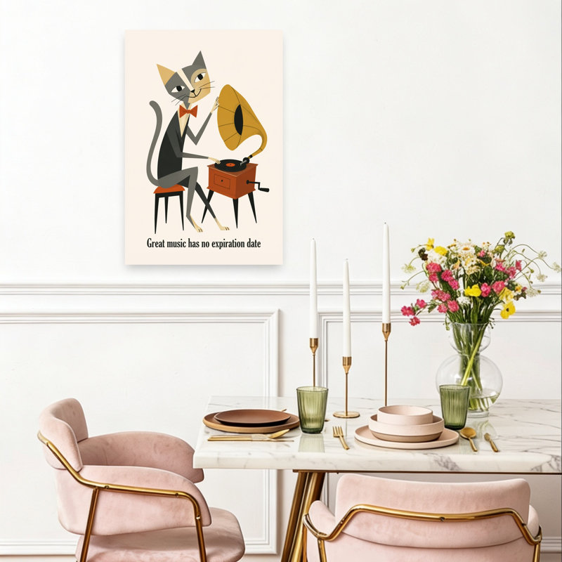 Chat rétro musique classique rétro élégant, art mural, 24" H x 16" W