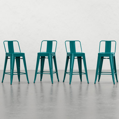 4 tabourets de comptoir en métal de 24 po de style industriel avec des pieds en forme de piquet de couleur bleu sarcelle de 4 hauteurs de 24 po, bleu, design contemporain, dossier incurvé pour plus de facilité, repose-pieds reposant, entretoise stable