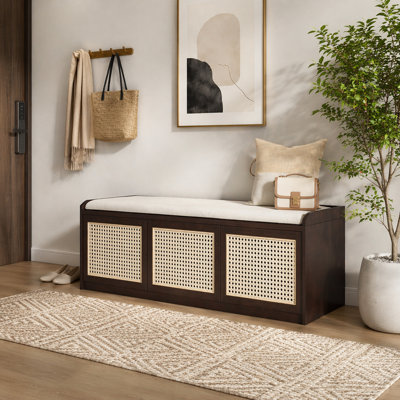 Banc de rangement pour chaussures de 48 po, banc de rangement rétro avec tiroirs en rotin et coussin amovible rembourré à boutons