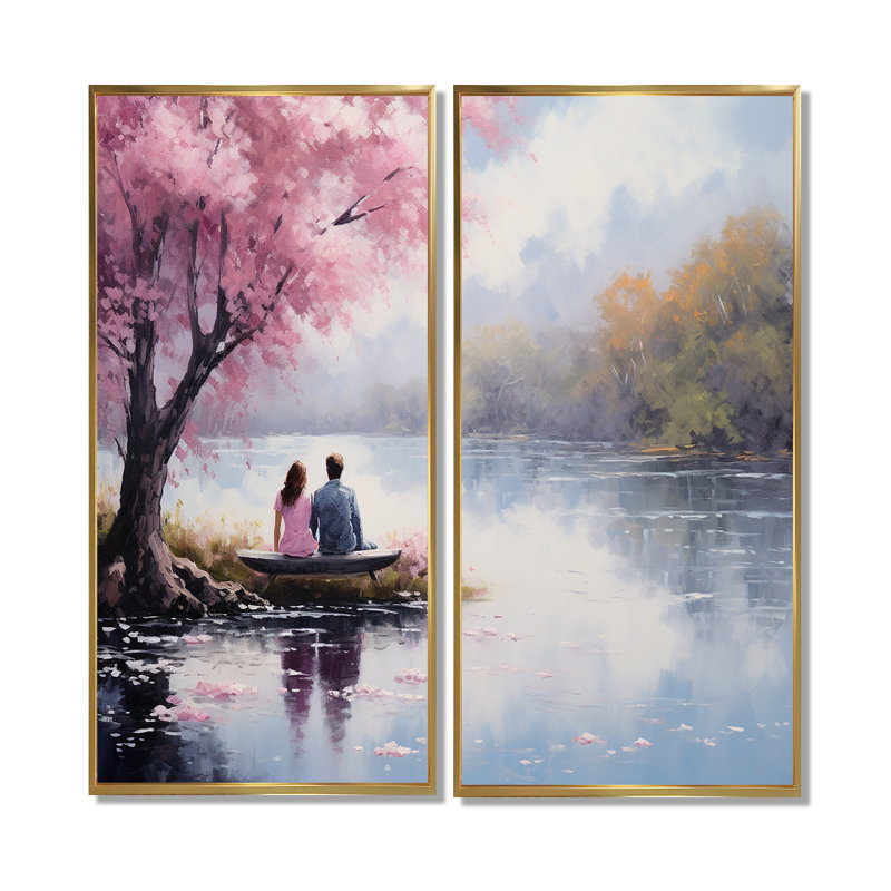 «Romantic Couple Landscape Serenity III», reproductions d'art traditionnel sur toile, 32" H x 32" W, Floater Frame, Gold