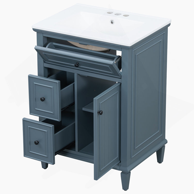 Meuble-lavabo avec lavabo, meuble-lavabo avec tablette réglable, un tiroir rabattable et deux tiroirs, Bleu gris