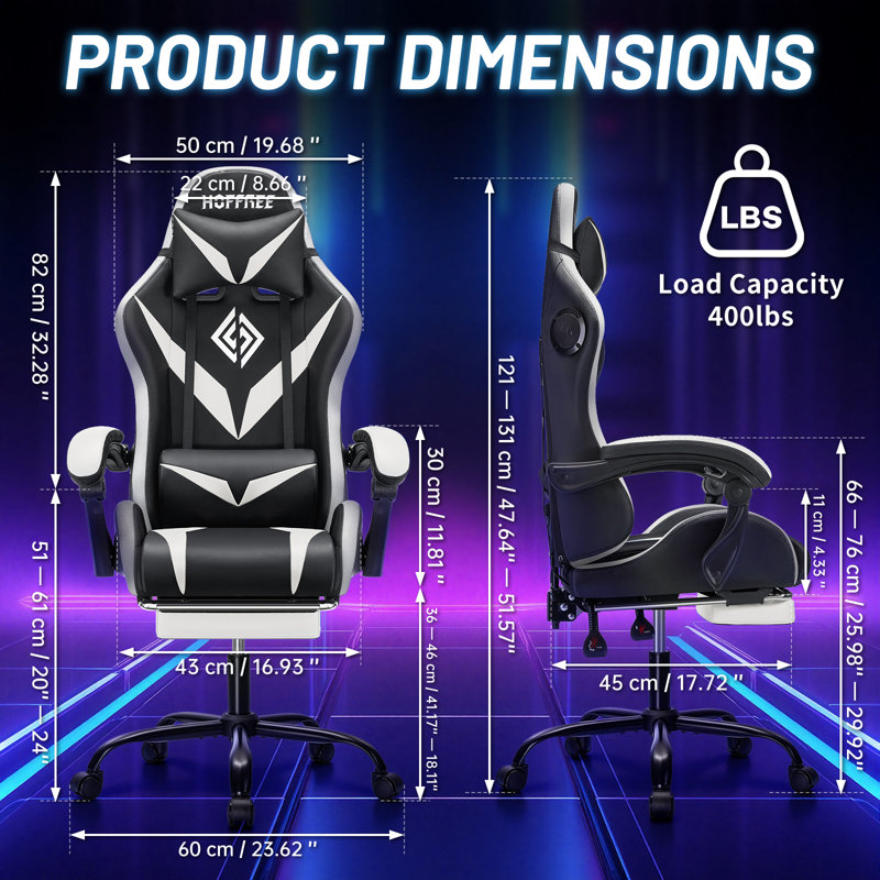 Hoffree Massage Ergonomic Gaming Chair with Bluetooth Speakers and RGB LED Lights, White/Black