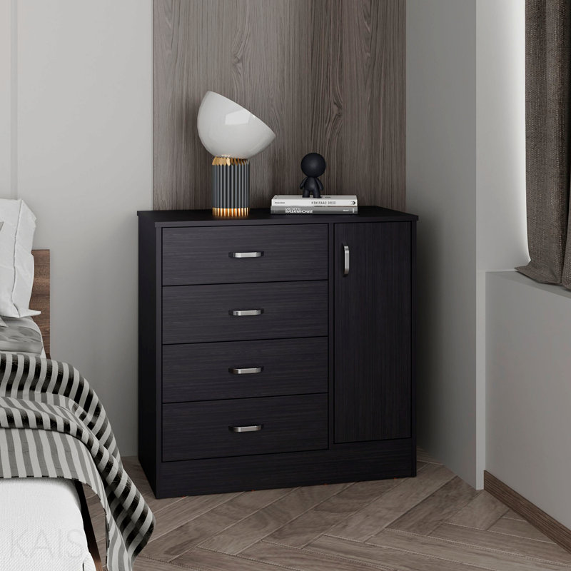 Commode de chambre moderne à quatre tiroirs, une porte avec rangement spacieux, noir