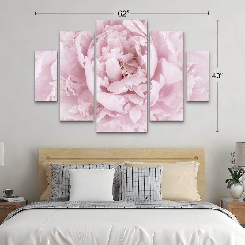 Ensemble de 5 panneaux muraux - Cora Niele «Pink Peony Flower», art mural sur toile pour le salon, la chambre à coucher ou le bureau
