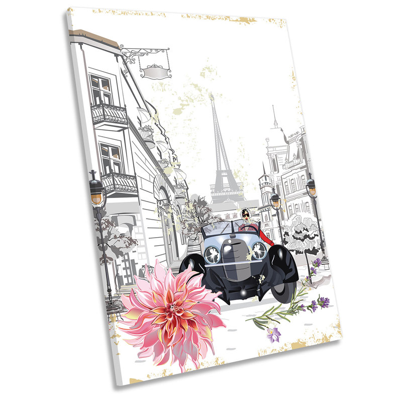 Eiffel Tower Artistic Floral Car - Wrapped Canvas Print, 45.7cm H x 30.5cm W x 2cm D