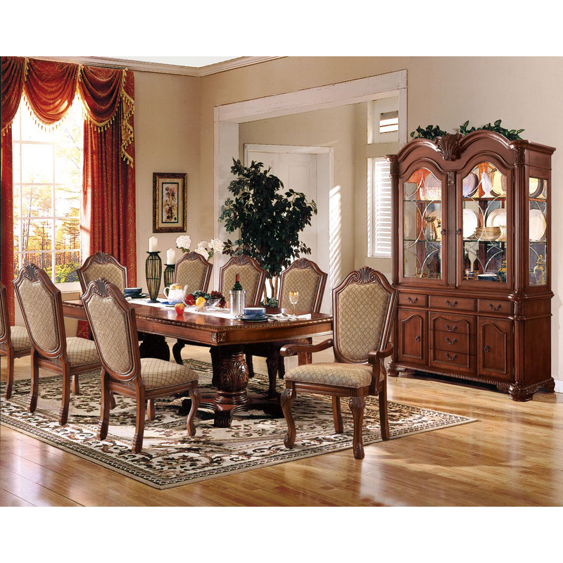  9-ps Formal Dining Table Set Kitchen Furniture Set Include 1 Extendable Dining Table, 6 Side Chairs And 2 Arm Chairs, Set For 8 Persons