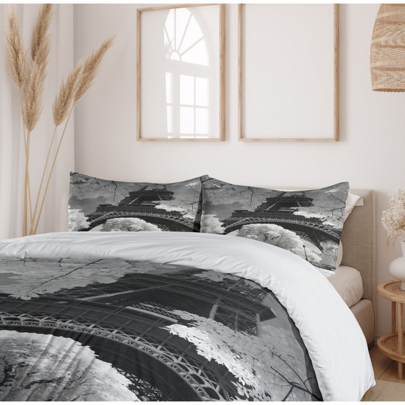 Queen Black and White Eiffel Tower Duvet Cover Set