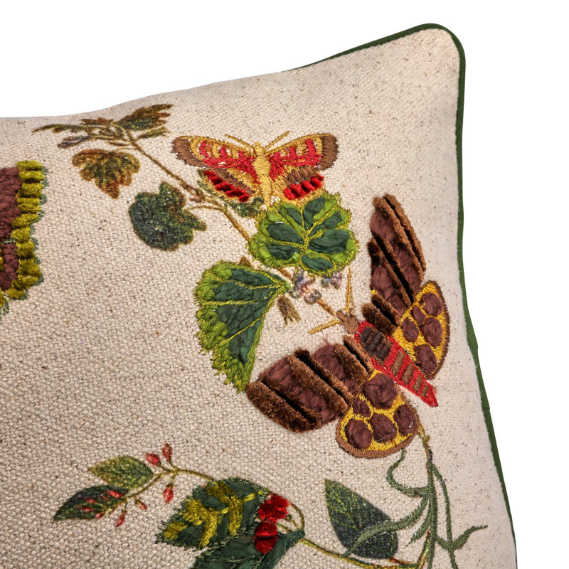 Embroidered Butterfly and Flower Lumbar Pillow with Piping