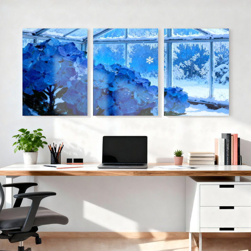 Tableau sur toile tendue « Jardin d'hiver aux hortensias bleus » (lot de 3), H 18 po x l 36 po