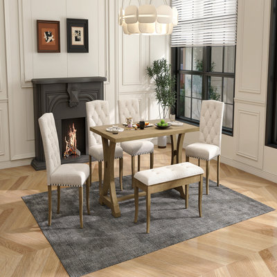 6-Piece Farmhouse Dining Table Set, Rectangular Trestle Table And 4 Upholstered Chairs & Bench For Dining Room (Natural Wood Wash)