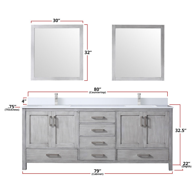 Jacques 80 in. W x 22 in. D Double Bath Vanity, and 30 in. Mirrors, Distressed Grey, White Quartz