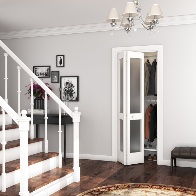 36 in. x 80 in. Frosted Glass 2-Lite Shaker Primed Solid Core White Bi-Fold Door
