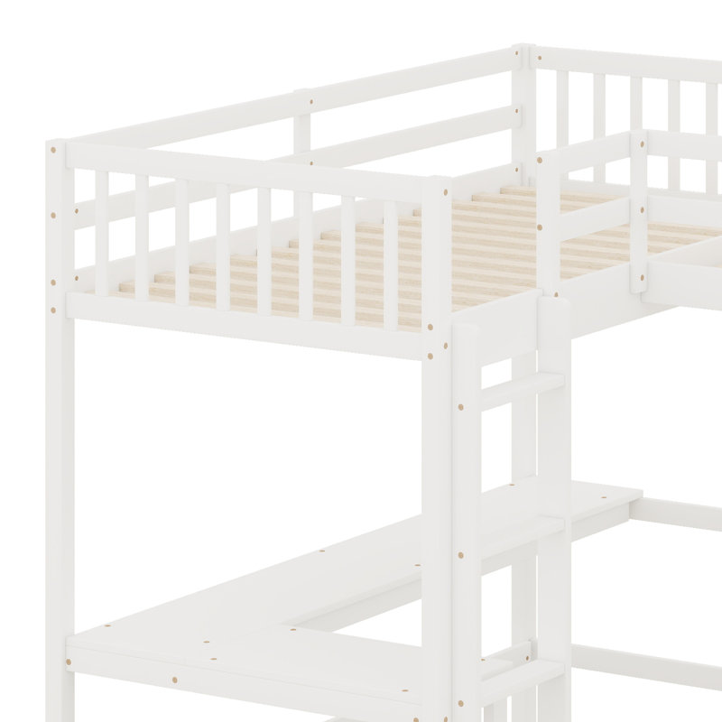 Wooden High Loftbed With Ladder，Safety Guardrail And 2 Built-In L-Shaped Desks, White