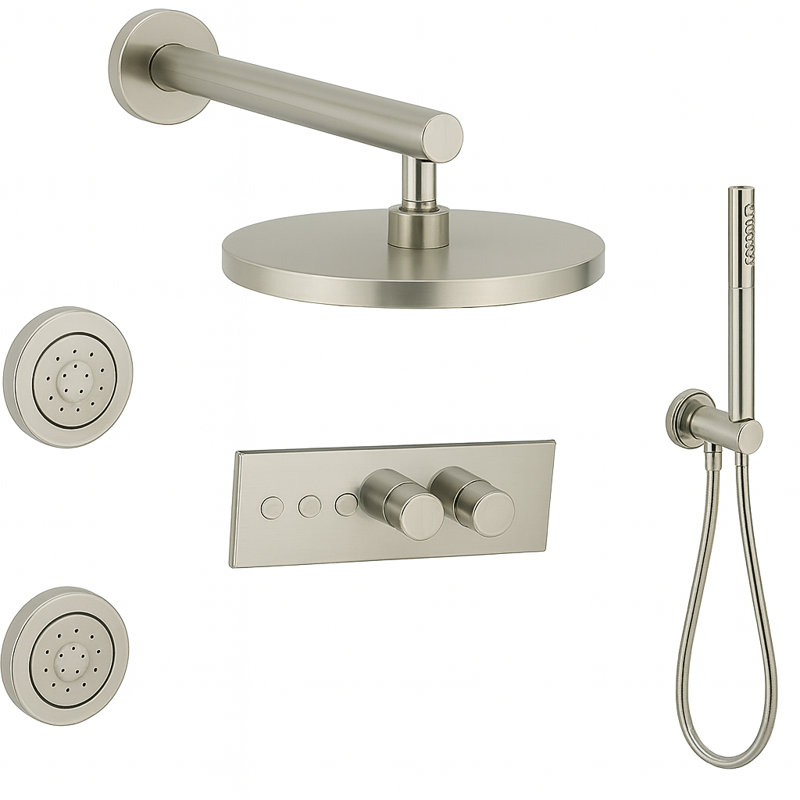 LineaBox Horizontal Round 3-Way Diverter Shower System with 8-Inch Rain Shower Head, Two Body Sprays and Wall Mounted Hand Shower, Valve Included