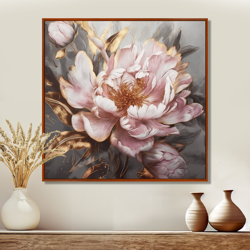 Pink Gold Peonies Petals, 30" H x 30" W, Floater Framed, Maple