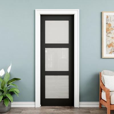 28" x 80" 3-Lite Black Frosted Glass Interior Pocket Door, Privacy Glass Door Slab, Sound-Dampening & Waterproof, As Laundry Doors, Closet Doors, Room Doors