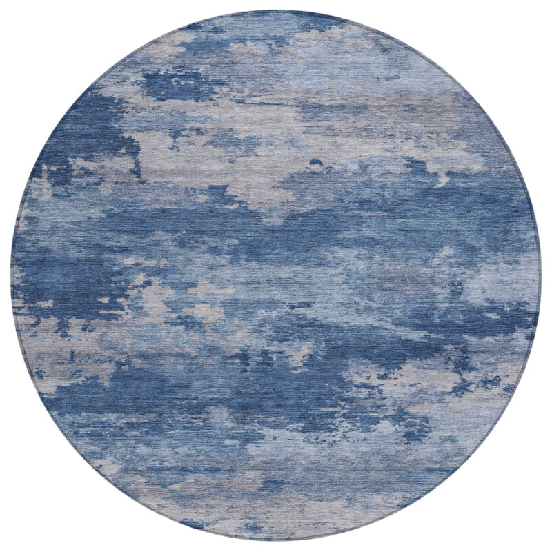 Machine Washable Indoor/Outdoor Xhevrie Navy Rug, Round 8'