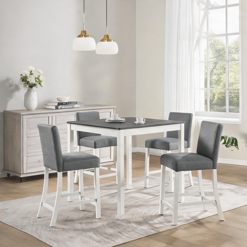 Ensemble de salle à manger à hauteur de comptoir en bois massif gris avec 4 chaises pour cuisines compactes, table carrée