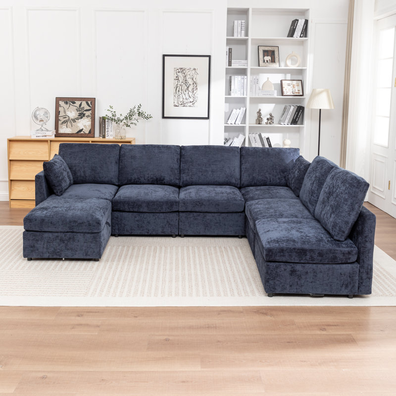 Canapé modulaire rembourré en U avec repose-pieds de rangement 7 pièces Miller, Bleu